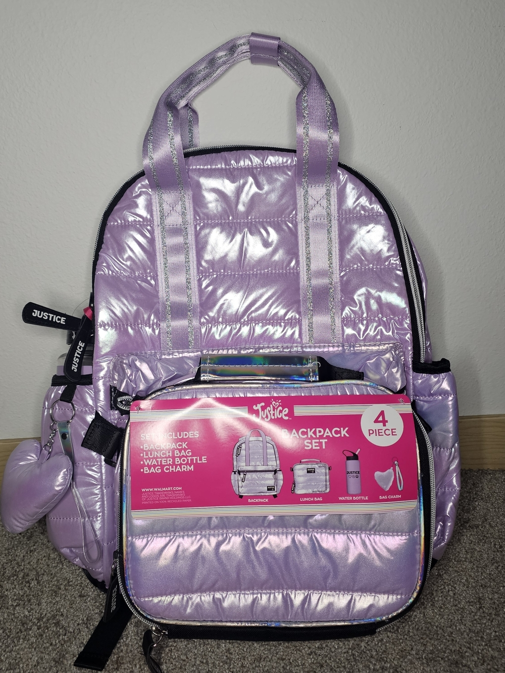 Justice Iridescent Lavender Puffer Backpack Set